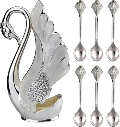 Vista 11 de Soporte de base de cisne con 6 cucharas de postre de café, organizador de cucharas de café de metal, cucharadita de fruta, postre, cubiertos