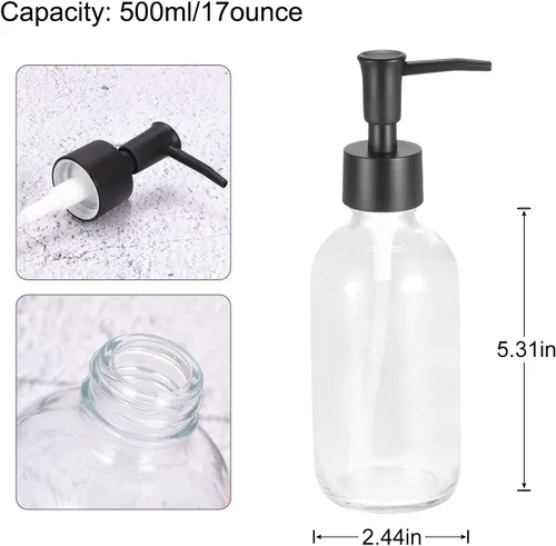 Vista 2 de uxcell Juego de dispensadores de jabón, dispensador de jabón de manos de vidrio de 8.5 onzas con bomba para cocina y baño, 2 unidades transparentes