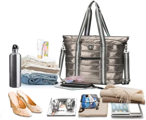 Vista 2 de Bolsa de mano acolchada para mujer, bolsa de hombro acolchada con compartimento para laptop, bolsa de viaje acolchada con manga de carretilla