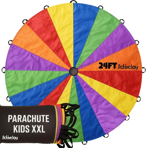 Vista 9 de Activejoy - Paracaídas para niños - 8 pies/12 pies/20 pies / 24 pies - Juguete de paracaídas arcoíris con asas - Ideal para clases de gimnasio, día