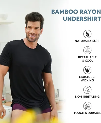 Vista 3 de DAVID ARCHY Camiseta interior de rayón de bambú para hombre que absorbe la humedad, cuello redondo, camisetas elásticas para hombres, paquete de 3