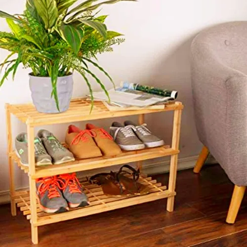 Vista 2 de Zapatero de madera de 3 niveles apilable de alta calidad, organizador de almacenamiento para pasillo, armario, sala de estar, entrada, organizador