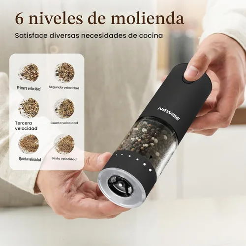 Vista 3 de Newise Juego de molinillo eléctrico de sal y pimienta, recargable con luz LED y ajuste de grosor externo, operación con una sola mano, regalos