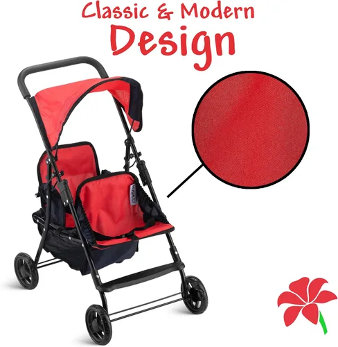 Vista 4 de Hushlily® Tandem - Cochecito de muñeca doble con toldo ajustable y cesta, plegable, con ruedas suaves (rojo y azul)