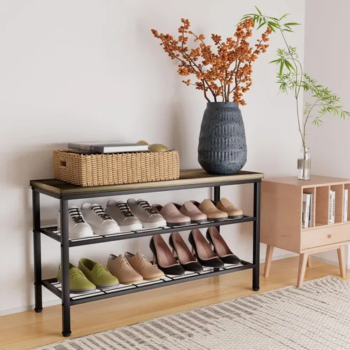 Vista 7 de Zapatero de metal de 3 niveles con parte superior de madera, organizador de zapatos duradero y que ahorra espacio, organizador de zapatos Gris +