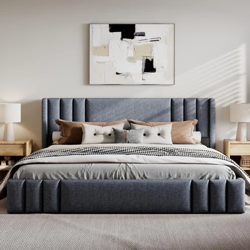 Vista 13 de Moderna cama tapizada de tamaño Queen, forro polar bereber grueso, base de colchón tapizada con cabecera copetuda y soporte de listones de madera
