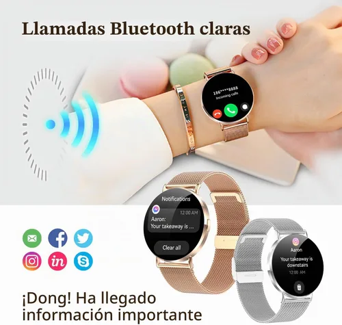 Vista 3 de Reloj inteligente pequeño para mujer, color oro rosa de 1.614 in, ultrafino, con cara redonda, para muñecas pequeñas y mujeres pequeñas, responde