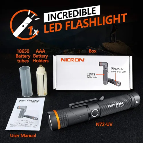 Vista 7 de NICRON linterna UV, N72-UV 800LM luz blanca, cambia libremente entre luz blanca y luz UV, detector para orina de perro, manchas húmedas, chinches
