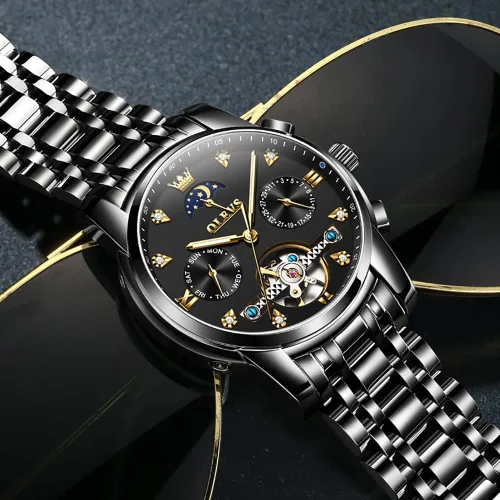 Vista 5 de OLEVS Men Automatic Watch Skeleton Moon Phase Dial Luxury Dress Stainless Steel Strap 5 Hands Diamond Men Wrist Watches