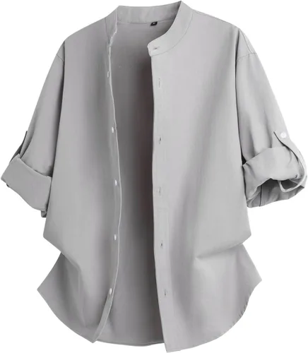 Vista 8 de Men's Roll-Up Sleeve Casual Button Down Shirts Stand Up Collar Summer Beach Shirt Loose Fit Lightweight Work Tops