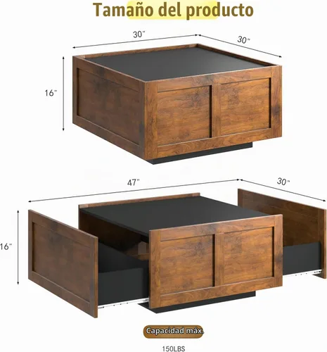 Vista 2 de HedoAjim - Mesa de centro de granja con 2 cajones de almacenamiento para sala de estar, mesa cuadrada central moderna, mesa de cóctel contemporánea