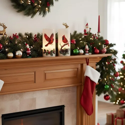 Vista 4 de Velas sin llama de cardenal de Navidad en pilar con control remoto y temporizador, velas LED en portavelas de cera real, vela operada por batería
