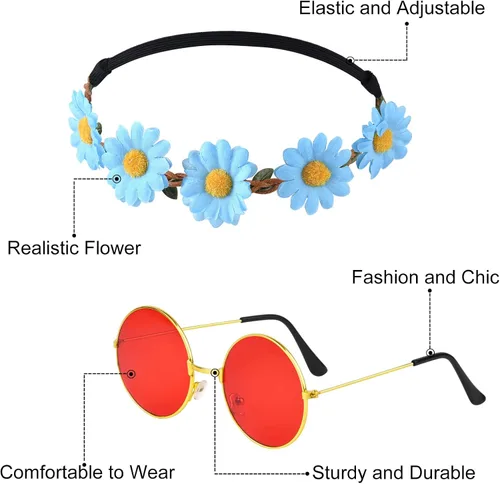 Vista 4 de CHRORINE Juego de 48 accesorios de disfraz hippie para mujeres y hombres incluye diadema hippie suministros de fiesta para decoraciones de fiesta