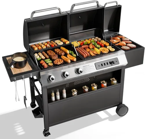 Vista 10 de MFSTUDIO - Parrilla de barbacoa a gas de 4 quemadores con quemador lateral, color negro