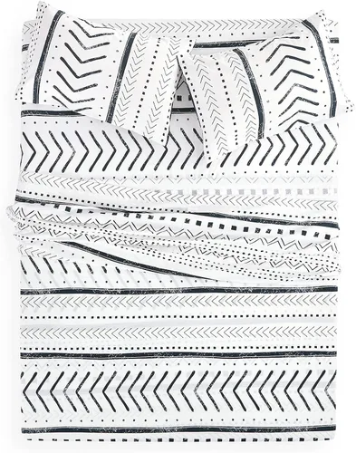 Vista 3 de Wake In Cloud - Sábanas aztecas, 100% algodón, juego de sábanas de 4 piezas, ropa de cama estética neutra con patrón geométrico occidental moderno