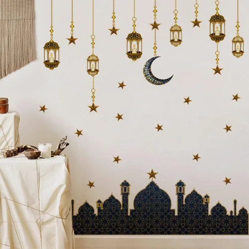 Vista 6 de Calcomanías de decoración de pared de Ramadán, calcomanías de pared musulmanas islámicas Eid Mubarak Ramadán, farol, luna, estrella, ventana