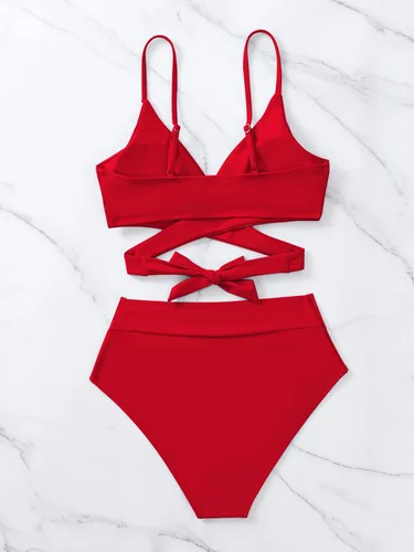 Vista 5 de Fanuerg Conjunto de bikini de cintura alta para mujer, traje de baño de dos piezas con corte en V