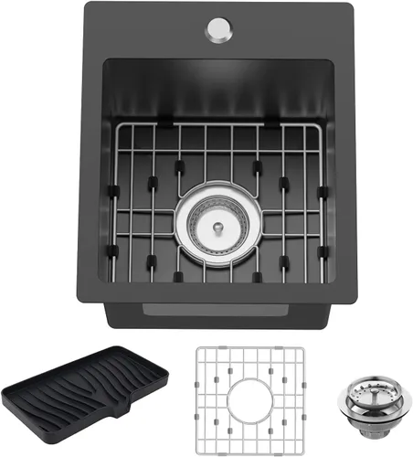 Vista 11 de Fregadero de cocina y bar negro de 12 x 16 pulgadas, pequeño tazón de acero inoxidable para montaje inferior, fregadero de cocina y bar, elección