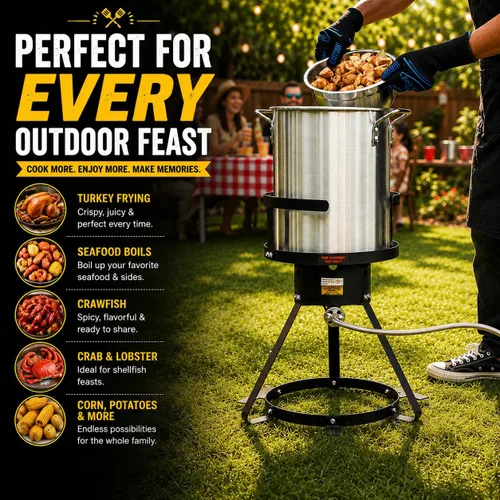 Vista 2 de Barton - Kit de freidora de pavo y caldera de mariscos de 30 cuartos de galón, 37,000 BTU de propano para exteriores, olla para freír pescado, cesta