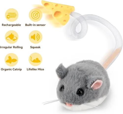 Vista 4 de Migipaws MigiMouse - Juguete interactivo para gatos con rodamiento y giro de 360° con cola de plástico de malla para gatos de interior, sensor