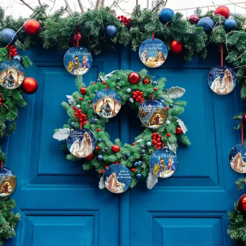Vista 7 de Karenhi 6 piezas de adornos navideños de escena del nacimiento de Jesús, regalos religiosos, adorno navideño colgante de cerámica, escena