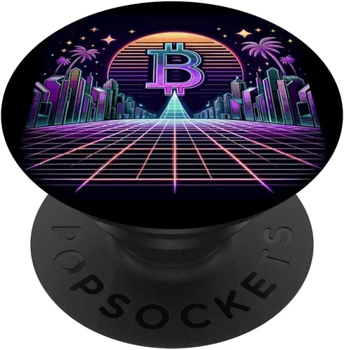 Vista 6 de Retro Crypto City - Synthwave Bitcoin Sunrise Art PopSockets MagSafe PopGrip for iPhone