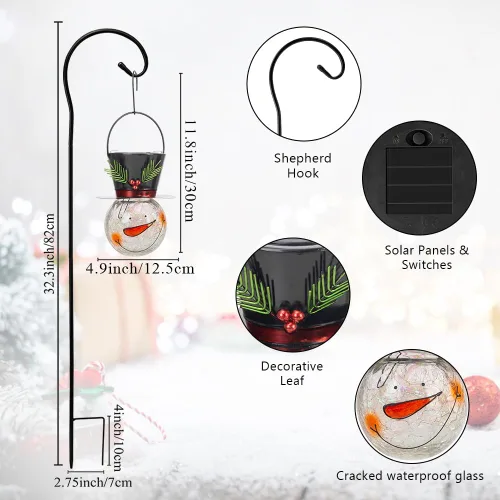 Vista 5 de Viveta Linterna solar de muñeco de nieve, faroles solares colgantes de Navidad, farol impermeable de cristal agrietado para exteriores con gancho