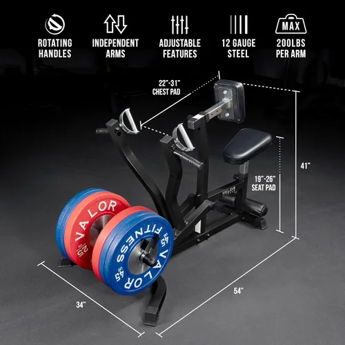 Vista 2 de Valor Fitness Máquina de remo sentada - Placa cargada con brazos convergentes y asas de agarre múltiple, capacidad de 400 libras, adaptadores