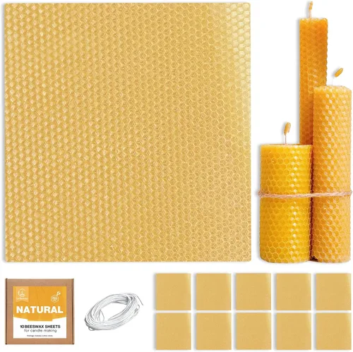 Vista 9 de Hojas de cera de abeja natural para hacer velas (paquete de 10 hojas con mechas de algodón), tono amarillo natural, kit de enrollamiento de velas