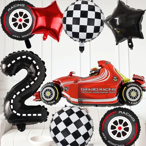 Vista 6 de Dos globos para decoración de fiesta de cumpleaños de autos de carreras rápidas, globos rojos y decoración de tartas, estrellas a cuadros negros