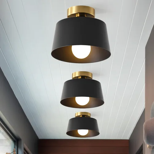 Vista 10 de Lámpara de Techo Moderna Semi Empotrada con Placa Dorada y Pantalla Negra Mate, Lámpara de Techo Estilo Granja para Isla de Cocina Comedor Vestíbulo