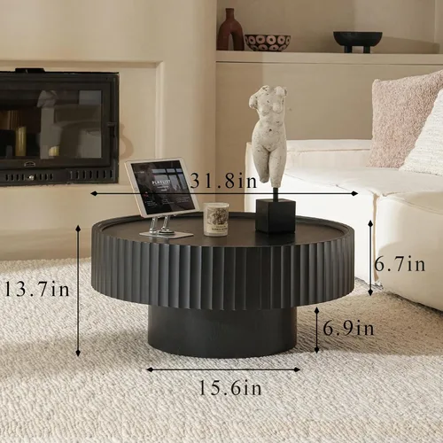Vista 2 de Mesa auxiliar redonda, mesa de centro de 31.8 pulgadas con almacenamiento, mesa moderna de sala de estar con tambor estriado, mesas centrales