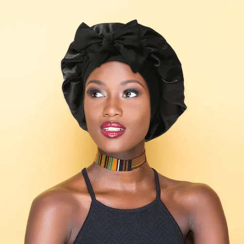Vista 6 de Gorro de satén para mujer, con banda de amarre para el cabello, para dormir, grande de 2 capas, gorro de dormir de seda para dormir con 3 coleteros