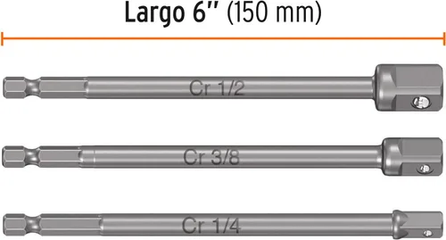 Vista 2 de Juego de adaptadores de dados largos, 1/4,3/8 y 1/2 ', 3 piezas