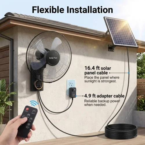 Vista 5 de 16" Solar Barn Fan for Chickens & Greenhouses - Oscillating Wall Fan with Remote Control, AC/Solar Dual Power, Waterproof 90° Cooling, 16ft