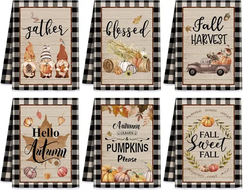 Vista 19 de Ganeen Juego de 6 toallas de mano de Acción de Gracias con texto en inglés «Hello Fall» en blanco y negro, vintage, calabaza, camión, motero