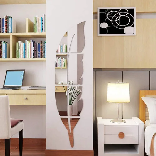 Vista 7 de SITAKE Adhesivos decorativos de pared de espejo acrílico 3D, 11.8 x 49.2 pulgadas, con forma de plumas, calcomanías de arte de pared autoadhesivas