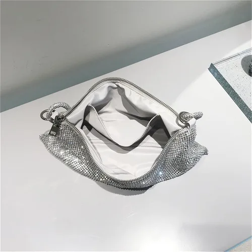 Vista 3 de Monederos brillantes para mujer, bolsos de mano con diamantes de imitación, bolsa de lentejuelas metálicas para fiestas, bodas, discotecas, bailes