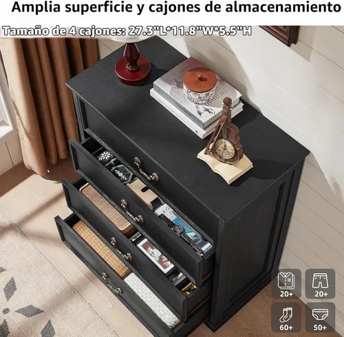 Vista 4 de Joaxswe Cómoda rústica de 4 cajones para dormitorio, cómoda rústica de 37 pulgadas de alto con 4 pies de madera maciza, organizador de armario