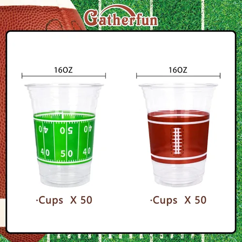 Vista 2 de Gatherfun 100 vasos de plástico de fútbol de 16 onzas, fiestas de fútbol y eventos para portón trasero, desechables y prácticos, suministros ideales
