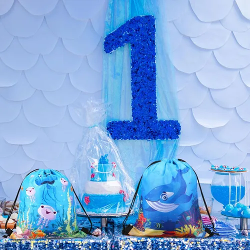 Vista 6 de Sanwuta 18 bolsas de recuerdo de fiesta bajo el mar, bolsas de regalo del océano, bolsas con cordón para regalo de playa, animales marinos, dulces
