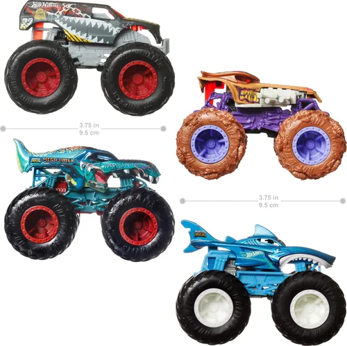 Vista 5 de Hot Wheels Monster Trucks - Juego de 4 juguetes, paquete de 4 vehículos Fang Frenzy a escala 1:64, ruedas gigantes, personajes favoritos