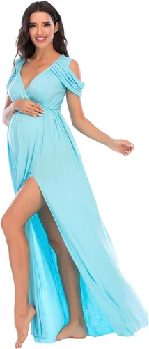 Vista 2 de ZIUMUDY Vestido de maternidad con hombros descubiertos y cuello en V envuelto para sesión de fotos, vestido maxi para baby shower
