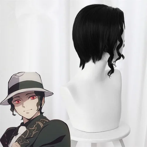 Vista 4 de Kibutsuji Muzan - Peluca de cosplay para anime de Halloween, peluca rizada negra con gorra de peluca gratis..