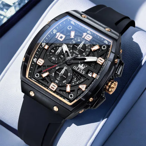 Vista 3 de OLEVS Reloj para hombre de lujo de cara grande negro relojes de pulsera de silicona cuadrado multifuncional vestido impermeable cronógrafo analógico