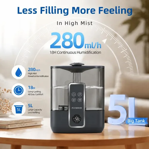 Vista 4 de FLYMOON Humidificador para dormitorio, humidificadores de niebla fría de 5 litros de llenado superior con 28 dB, humidificador inteligente para Negro