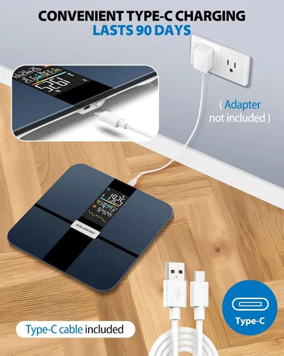 Vista 5 de ABLEGRID Báscula inteligente de grasa corporal, báscula de baño digital recargable para peso corporal, tendencias de gradiente y pantalla de cambio