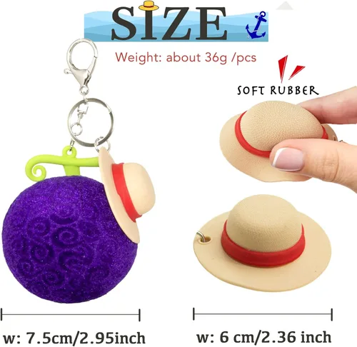 Vista 3 de Llavero de una pieza de felpa de anime de fruta del diablo para mochila, llavero de coche, idea de regalo, cosplay Luffy sombrero de paja