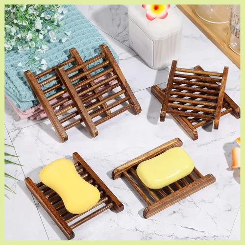 Vista 5 de Honeydak 30 piezas de jabonera de madera de bambú, bandeja de jabón de madera, estuche de esponja de madera para baño, hecho a mano, accesorios