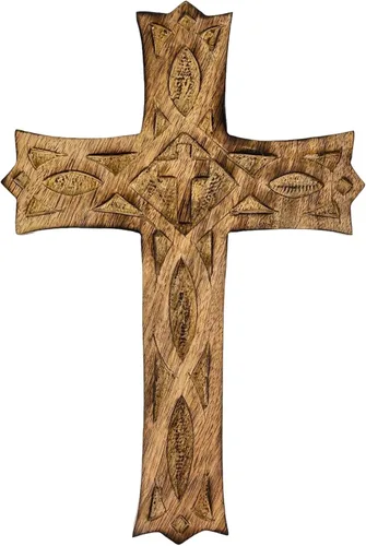 Vista 5 de S.B.ARTS Crucifijo de pared de madera cristiana hecho a mano, diseño antiguo, crucifijo de pared colgante con tallas de mano, cruz colgante